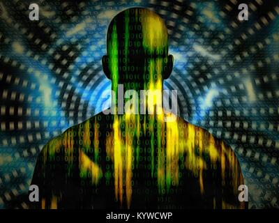 Surreal art numérique homme bien bâti avec un code binaire sur une peau. Le rendu 3D Banque D'Images