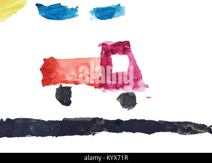 Pour l'aquarelle dessin d'un camion que l'équitation le long de la route avec des nuages et du soleil. Isolated on white Banque D'Images