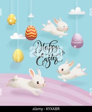Oeufs décoratives colorées sur des cordes suspendues, des nuages, des lapins blancs de mignon et joyeuses Pâques inscriptions écrites à la main. Vector illustration pour la carte de vœux, maison de bannière, affiche, invitation à une fête Illustration de Vecteur