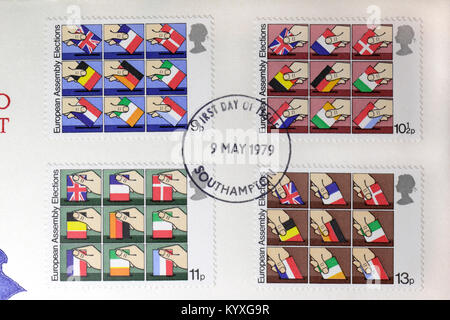 Timbres commémoratifs britanniques pour célébrer les élections directes au Parlement européen 1979, timbres-poste Reine Elizabeth II Banque D'Images