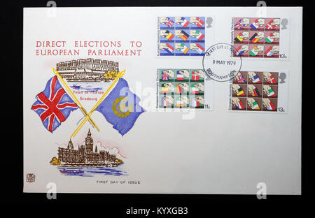 Timbres commémoratifs britanniques pour célébrer les élections directes au Parlement européen 1979, timbres-poste Reine Elizabeth II Banque D'Images