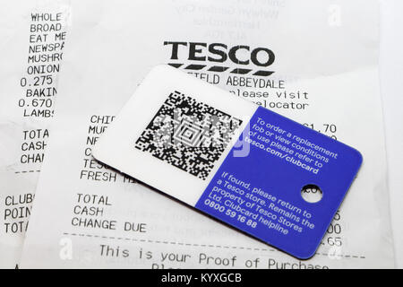 Carte clubcard et reçu Tesco, carte de fidélité Banque D'Images