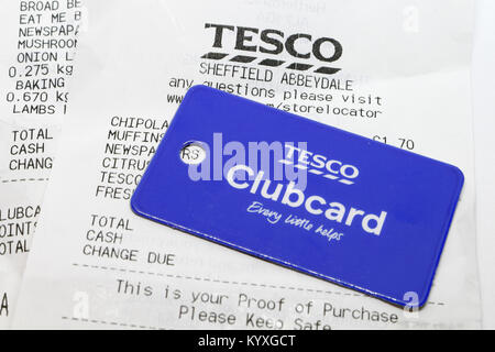 Carte clubcard et reçu Tesco, carte de fidélité Banque D'Images