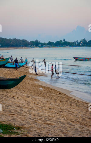 TRINCOMALEE, SRI LANKA - 9 mars : les pêcheurs tirant le filet avec les poissons de la mer, dans la baie de Trincomalee. Mars 2017 Banque D'Images