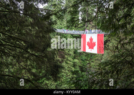 Drapeau canadien suspendu à Capilano Suspension Bridge au milieu de forêt Banque D'Images