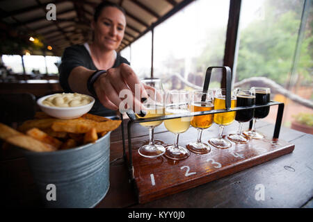 Woman picking la bière de rack sur table au restaurant Banque D'Images