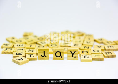 Le mot joie debout fabriqué à partir de lettres de scrabble en bois sur fond blanc Banque D'Images