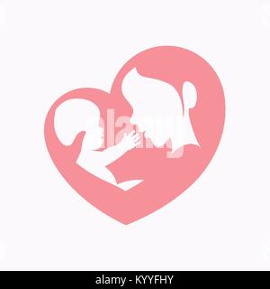 Mère tenant un petit bébé assis dans son bras en silhouette en forme de coeur, logo, icône concevoir pour happy mother's day celebration Illustration de Vecteur