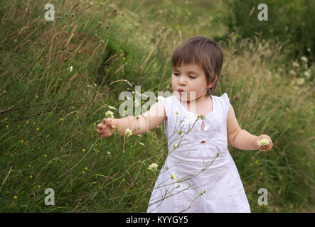 Girl Picking Flowers, sur la colline, dans l'été, robe blanche et chapeau de l'herbe Banque D'Images