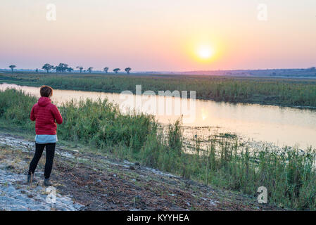 Les touristes à la recherche au lever du soleil sur la rivière Chobe, namibie botswana afrique. Couleurs naturelles, vue arrière. Banque D'Images