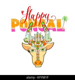 Happy pongal - texte lettrage décoratif avec tête de vache à South Indian design festival, vector illustration Illustration de Vecteur