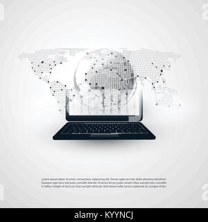 Résumé Le Cloud Computing, les réseaux mondiaux Concept Design avec ordinateur portable, appareil mobile, Earth Globe Transparent repéré et carte du monde - Vector Illustration de Vecteur