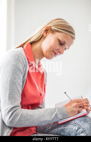 Young businesswoman writing in diary at office Banque D'Images