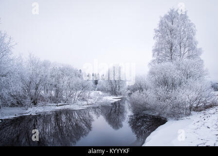 Paysage d'hiver glacial avec arbres et rivière paisible au soir en Finlande Banque D'Images