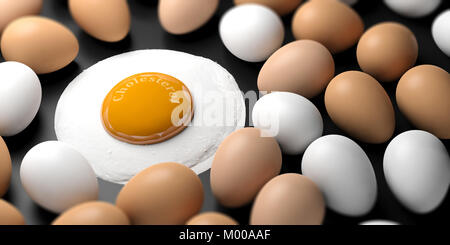 Les œufs et le cholestérol mot écrit sur un jaune d'oeuf au plat. 3d illustration Banque D'Images