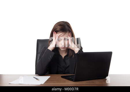 Femme d'affaires dans son bureau à la recherche a souligné Banque D'Images