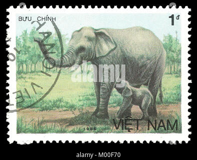 Vietnam - timbres en1987, série d'animaux, mammifères, Éléphant d'Asie, Elephas maximus Banque D'Images