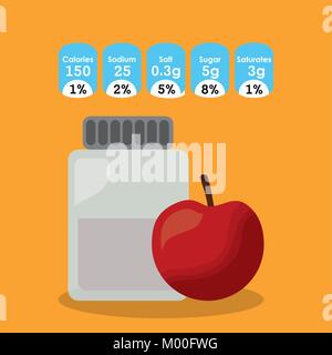 Verre Bouteille pomme fruit autocollant de la valeur nutritive d'informations Illustration de Vecteur