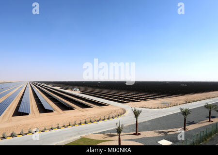 Dubaï, Émirats arabes unis, le 17 janvier 2018. Un champ de panneaux solaires photovoltaïques qui font partie de la Fondation Mohammed bin Rashid parc solaire à Dubaï, Émirats arabes unis, le 17 janvier 2018. Credit : Dominic Dudley/Alamy Live News Banque D'Images