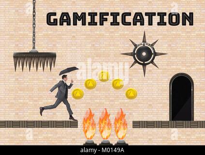 Texte et l'homme dans Gamification jeu informatique de niveau avec des crédits et des pièges Banque D'Images