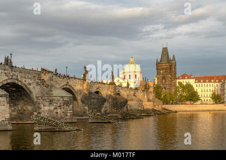 La vieille ville de Prague et le Pont Charles avec la vieille ville Tour Pont vu depuis les rives de la rivière Vltava River baignée de soleil en fin d'après-midi Banque D'Images