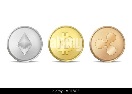 Pièce monnaie crypto vecteur réaliste icon set. Bitcoin, Etherium, ondulation. Blockchain la technologie. Libre isolé sur fond blanc. Modèle de conception pour les graphiques Illustration de Vecteur