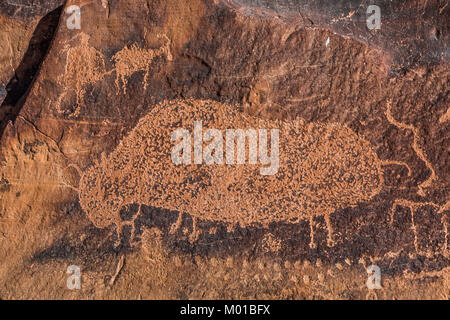 Panneau de pétroglyphes de bisons, de moutons, de points, et peut-être une figure humaine dans Canyonlands, Utah, USA Banque D'Images