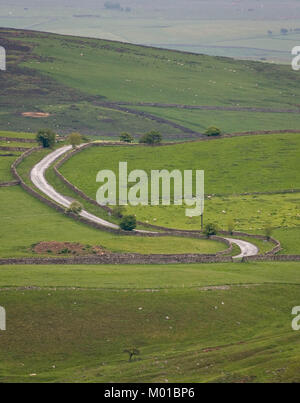 Les régions rurales de la paysage de la route sinueuse à travers les verts pâturages avec une clôture en pierre dans le Yorkshire Dales National park, England, United Kingdom. Banque D'Images