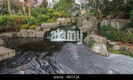 Chute d'eau à un étang de koi à Kyoto Garden, Holland Park Banque D'Images