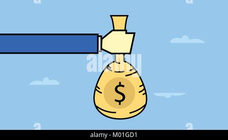 Main tenant sac d'argent avec le signe du dollar avec vector art style ligne Illustration de Vecteur