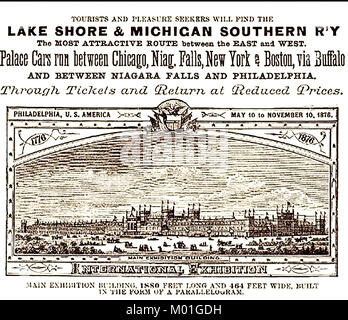 Lake Shore and Michigan Southern Railway 1876 -USA - Publicité montrant le l'Exposition Internationale des Arts, Manufactures et produits du sol et la mienne, plus simplement connu comme "le Centenaire", a ouvert ses portes à Fairmount Park Philadelphia Banque D'Images