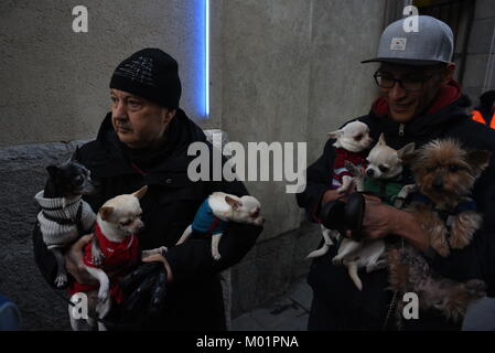 Madrid, Espagne. 17 Jan, 2018. Deux hommes tenir leurs chiens en attente d'être bénie par un prêtre pour marquer le jour de Saint Antoine, dédiée aux animaux par les chrétiens espagnols, à l'extérieur à l'église de San Anton à Madrid. Credit : Jorge Sanz/Pacific Press/Alamy Live News Banque D'Images