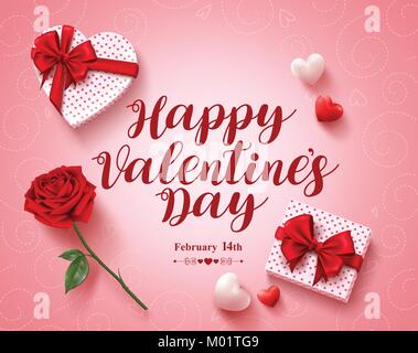 Texte Happy valentines day Greeting card vector design avec des cadeaux d'amour, de la rose et coeurs en éléments de fond rose pour la Saint-Valentin. Illustration de Vecteur