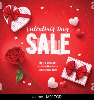 Valentines Day vente texte vector design de bannières avec des cadeaux d'amour, de la rose et coeurs en rouge motif de fond pour la Saint-Valentin promotion d'escompte. Illustration de Vecteur