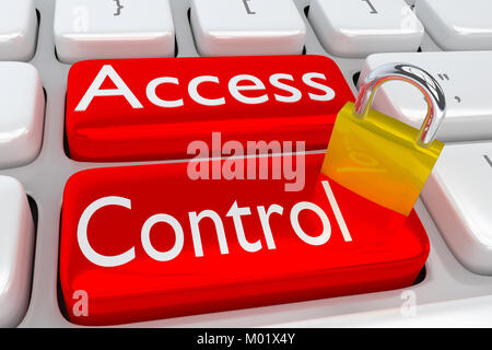 3D illustration de clavier de l'ordinateur avec le contrôle d'accès sur les deux boutons rouges, allong avec une serrure. Banque D'Images