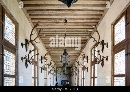 CHAMBORD, FRANCE - Le 7 juillet 2010 : les visiteurs dans la galerie Trophée dans château Chateau de Chambord. Chambord est le plus grand château dans la vallée de la Loire, il a été Banque D'Images