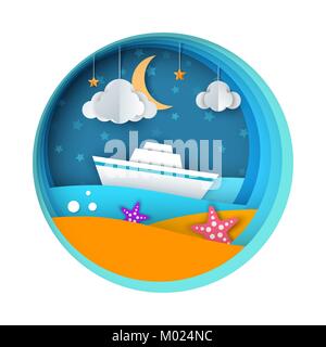 Navire, papier Paysage, mer, nuage, star cartoon illustration. Illustration de Vecteur