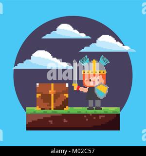 Jeu pixel niveau arcade knight personnage avec trésor poitrine Illustration de Vecteur