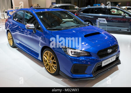 Bruxelles - 10/01/2018 : voiture Subaru WRX STI en vedette à l'Automobile de Bruxelles. Banque D'Images