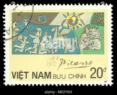 Vietnam - timbres en 1987 : Edition de couleur sur l'art, la peinture montre avec la nature sur un lac de Pablo Picasso Banque D'Images