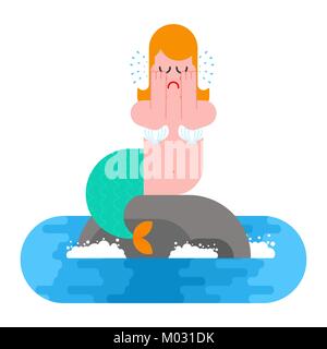 Mermaid siège au rock et à pleurer. Femme triste mythique avec queue de poisson. Les sous-marins pleurer avec des larmes. Vector illustrator Illustration de Vecteur