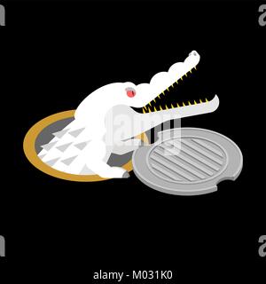 Albino alligator dans couvercle de trou d'homme. Monster crocodile d'éclore. Dans l'animal prédateur et berline. La légende de la ville. Vector illustration Illustration de Vecteur