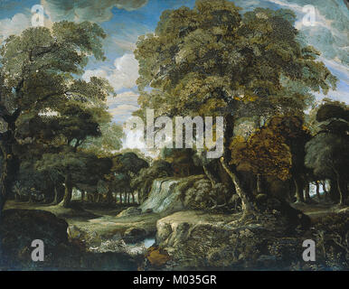 Bosgezicht, une peinture installée dans le Rijksmuseum, représentant une scène forestière tranquille, mettant en valeur le paysage néerlandais et la tradition artistique. Banque D'Images