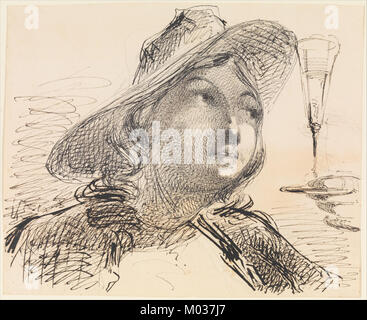 Ce croquis, intitulé 'buste d'une jeune femme avec chapeau, verre de vin', est une œuvre d'art tirée d'un carnet de croquis, mettant en vedette une jeune femme avec un chapeau et un verre de vin. Il est logé au Metropolitan Museum of Art (MET), montrant un moment de grâce et de style. Banque D'Images