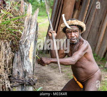 DANI VILLAGE, WAMENA, Irian Jaya, NOUVELLE GUINÉE, INDONÉSIE - 4 juin : Le attakking Papou armés. Guerrier de la tribu Dugum Dani . 4 juin 2016, Nouvelle Guinée Banque D'Images