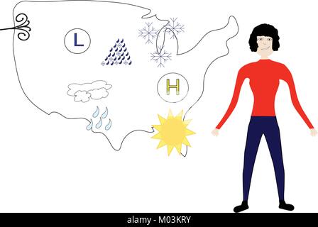 Météo debout devant nous la carte météo avec icônes. Illustration de Vecteur