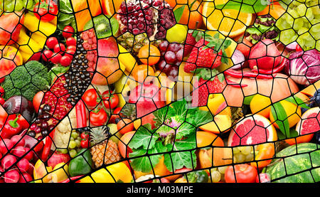 Collage des fruits et légumes frais. Des aliments sains dans les cellules d'une aile de libellule. Banque D'Images