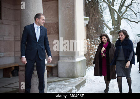 Stockholm, Suède, le 18 janvier, 2018. Du 17 au 19 janvier, le président de l'Islande Guðni Thorlacius Jóhannesson, visiter la Suède à l'invitation du roi. Le président Jóhannesson visiter la Suède avec son épouse, Eliza Jean Reid. Le couple royal et le couple présidentiel visitant Waldemarsudde, Stockholm. Credit:Barbro Bergfeldt/Alamy Live News Banque D'Images