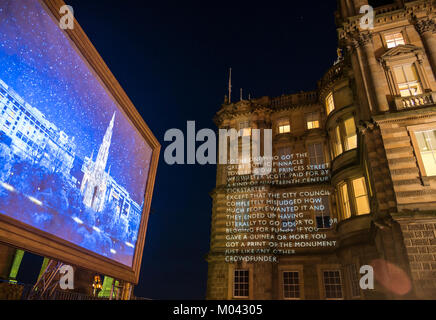 Edinburgh, Ecosse, Royaume-Uni. 18 janvier, 2018. La nouvelle de Val McDermid du Nouvel An 'Résurrection' dans 12 endroits différents sur un sentier de promenade en soirée autour du centre-ville d'Édimbourg Édimbourg Fête du patrimoine littéraire. Commandé et présenté par l'Edinburgh Hogmanay et Edinburgh International Book Festival, en collaboration avec Édimbourg ville UNESCO de littérature de confiance. Produit par Achille. En Double les projections prendre Productions. Le siège de la Bank of Scotland, Lloyds Banking Group, sur la Butte Banque D'Images