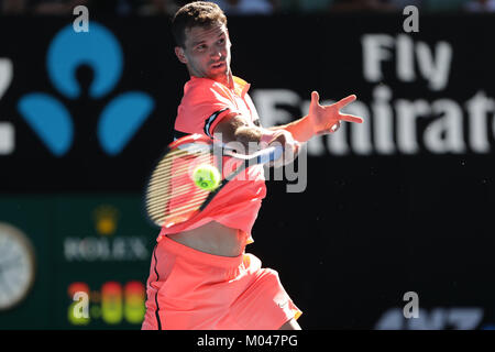 Melbourne, Australie. 19 Jan, 2018. La joueuse de tennis bulgare Grigor Dimitrov est en action au cours de son 3e tour à l'Open d'Australie contre le joueur de tennis russe Andreï Roublev le Jan 19, 2018 à Melbourne, Australie.- Crédit : Yan Lerval/Alamy Live News Banque D'Images